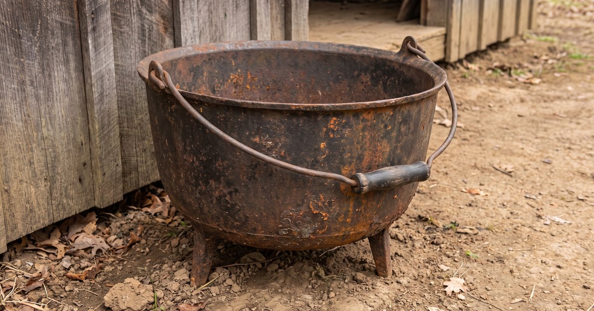 Antique three-legged cast-iron wash pot with a bail handle
