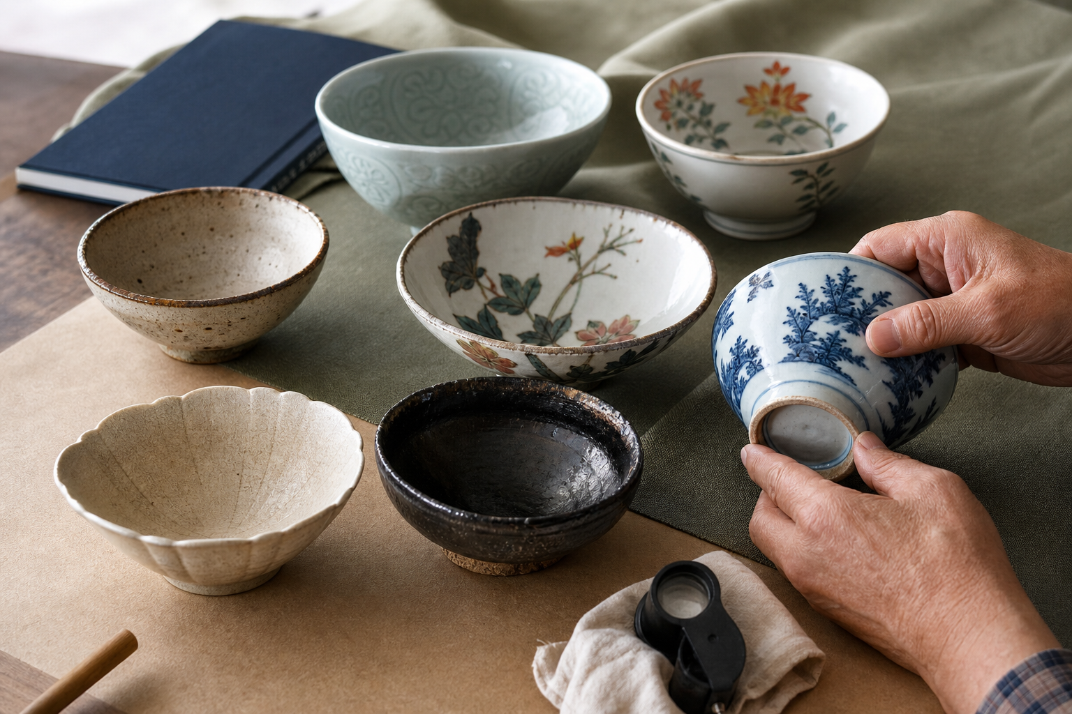 Generated editorial image of old ceramic bowls on an appraisal table