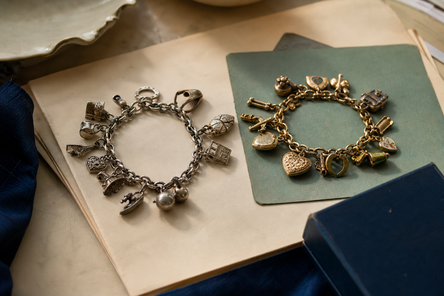 Generated editorial image of old charm bracelets on archival paper