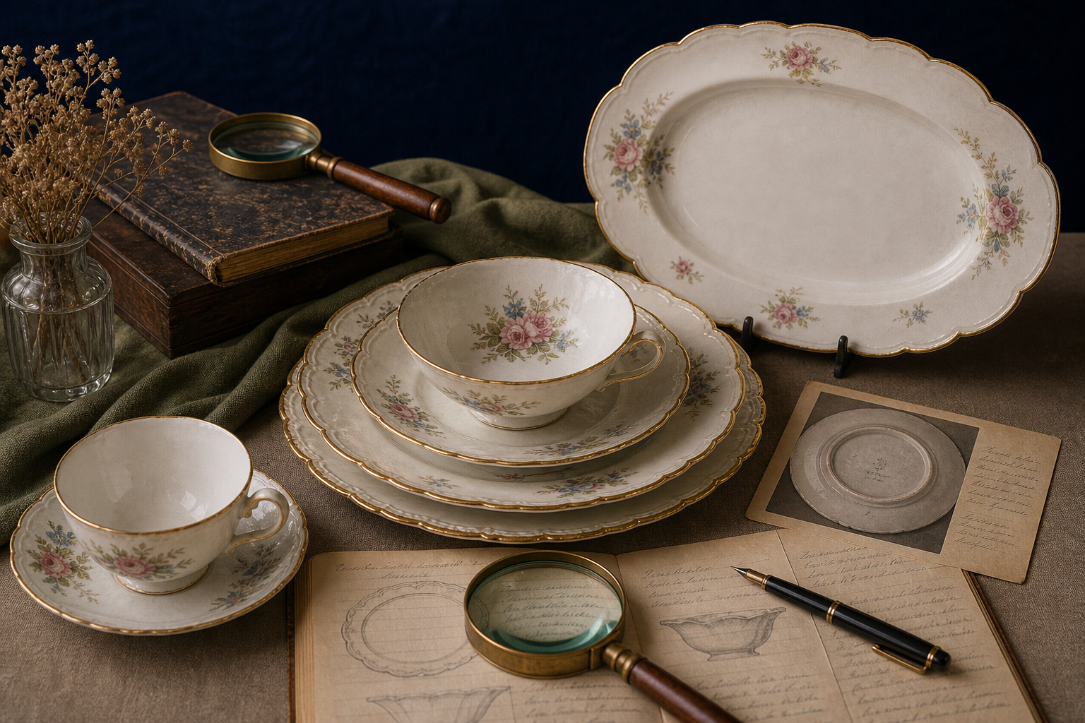 Generated editorial image of old china on an appraisal table