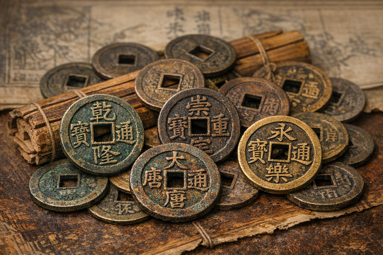 Old Chinese coins value reference with script, dynasty clues, metal, diameter, weight, patina, casting, photos, and condition