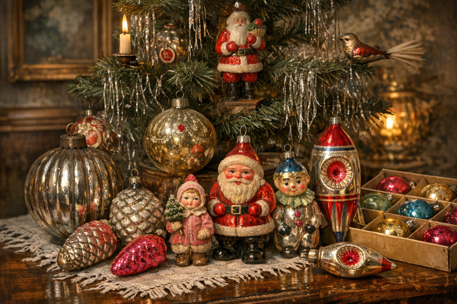 Old Christmas ornaments value reference with material, maker marks, cap, paint, form, size, chips, repairs, photos, and condition