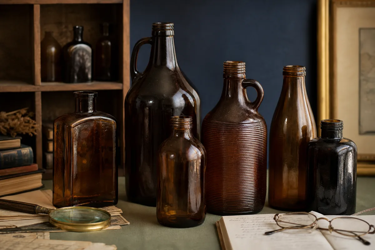 Generated editorial image of plain amber household bottles on an appraisal table