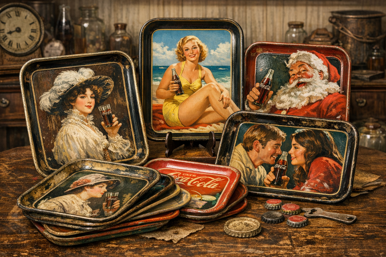 Old Coca-Cola tray value reference with graphics, maker marks, size, finish, edge wear, rust, dents, photos, and condition