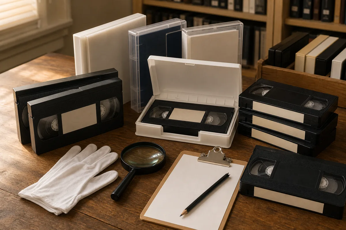 Generic vintage VHS tapes and cases arranged as an editorial inspection scene