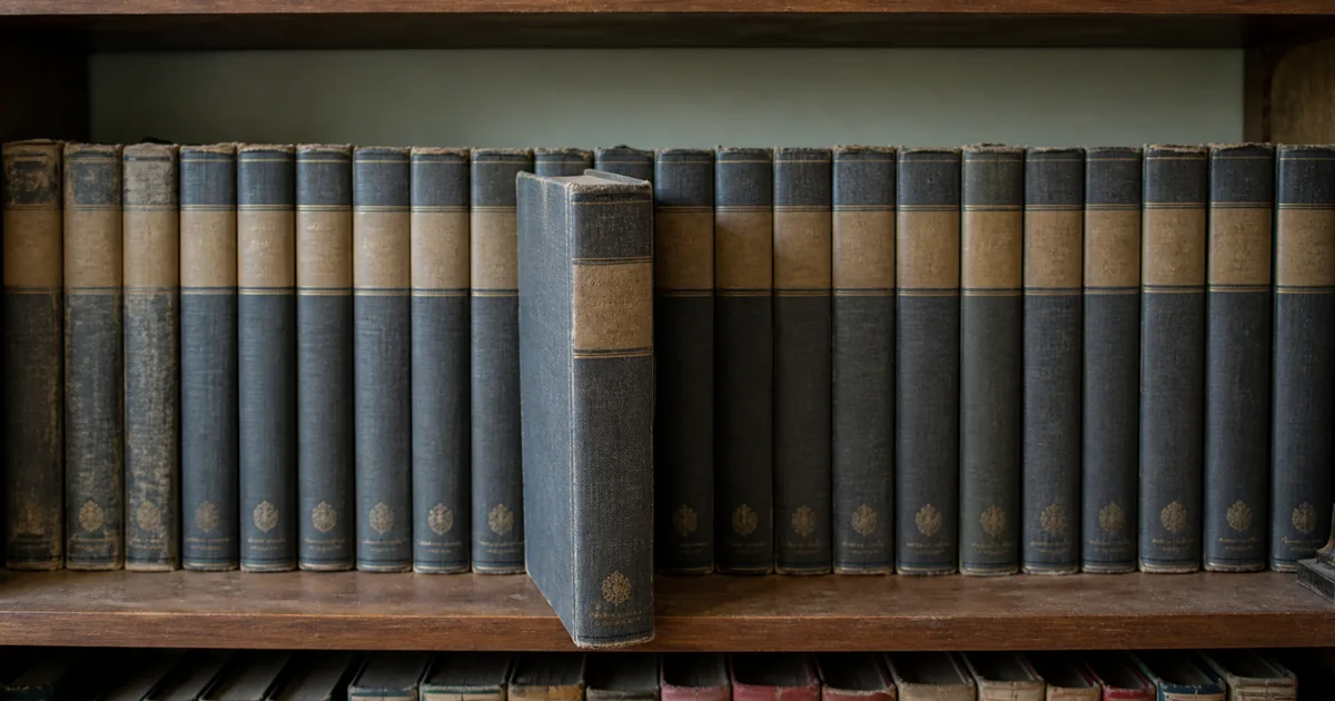 Vintage encyclopedia volumes on a bookshelf with visible age and wear