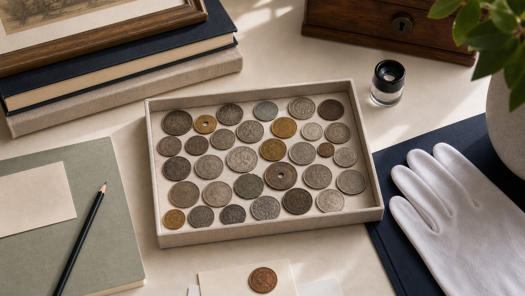 Generated editorial image of foreign coins arranged on archival paper