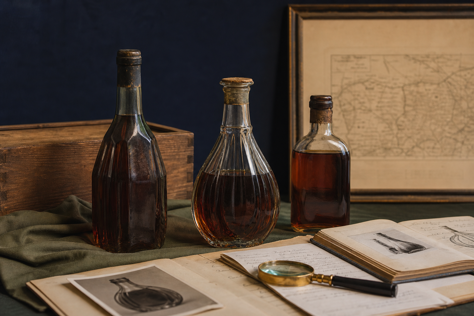 Generated editorial image of generic vintage cognac-style bottles on an appraisal table