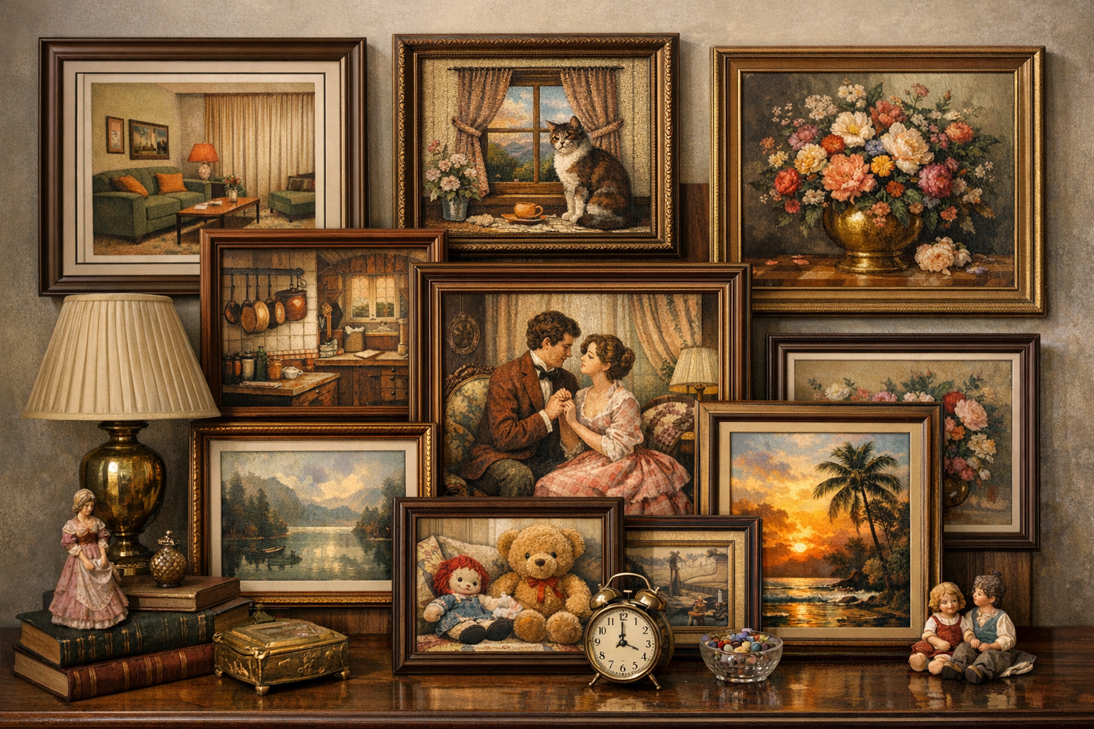 Old home interior pictures value reference with artist, print type, frame, label, subject, edition, backing, photos, and condition