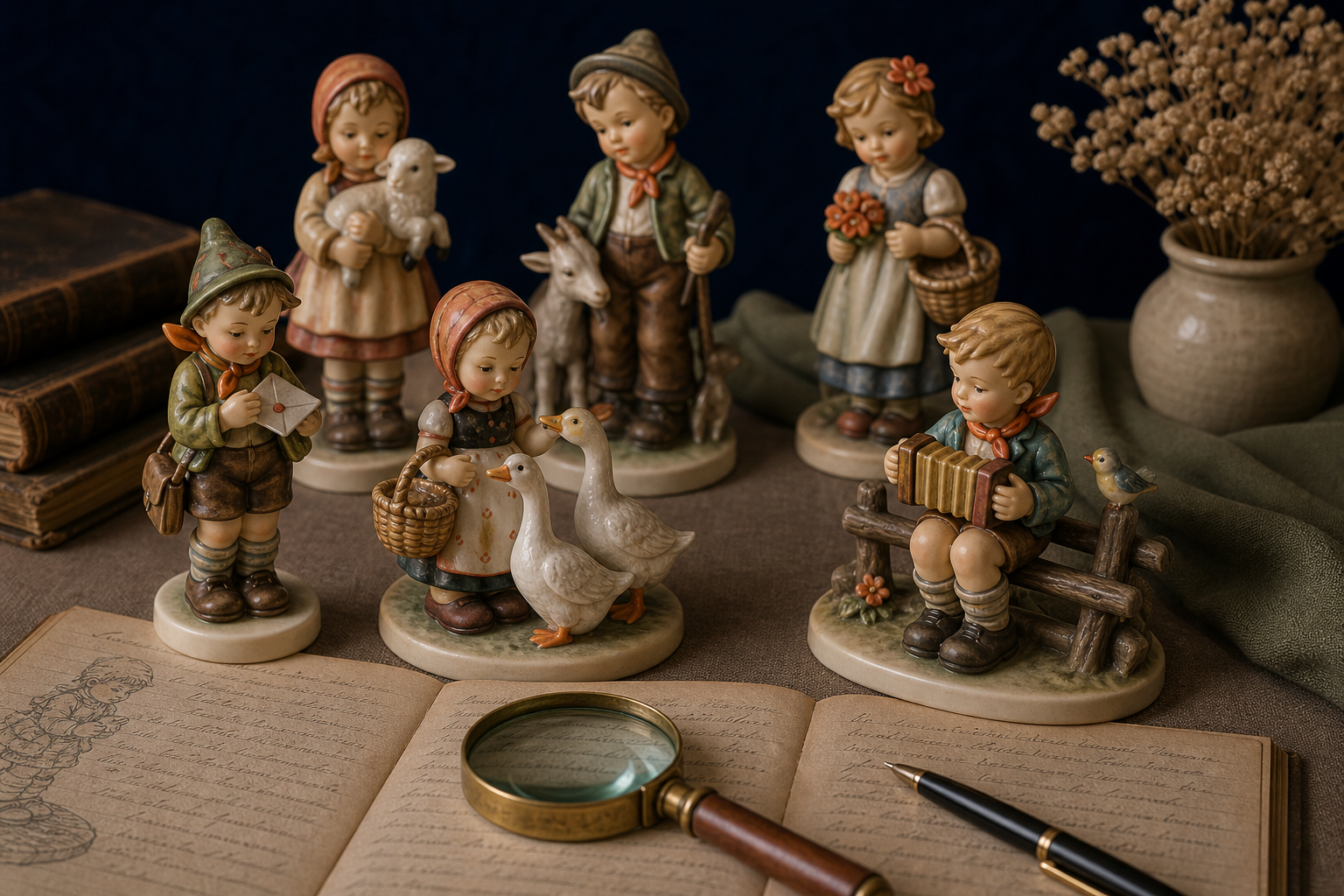 Generated editorial image of Hummel-style figurines on an appraisal table