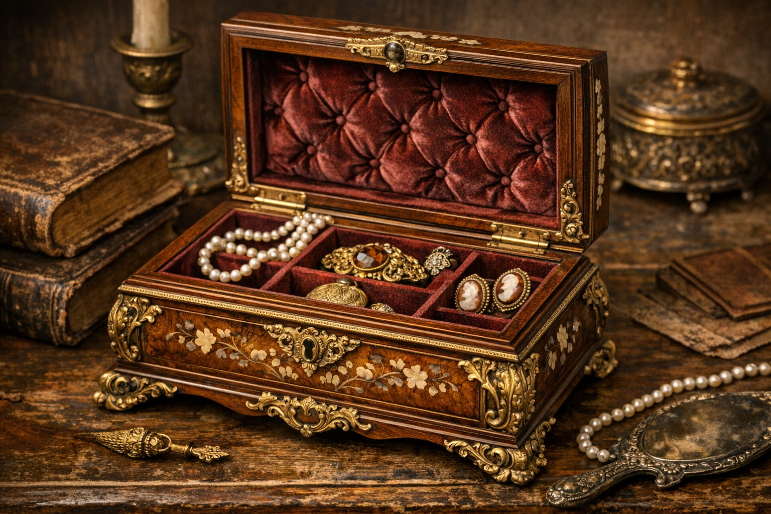 Old jewelry box value reference with maker, material, interior, hardware, finish, music mechanism, repairs, photos, and condition