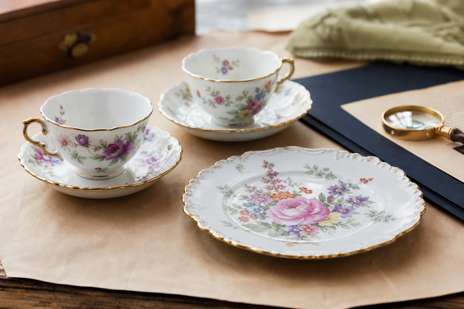 Generated editorial image of Limoges-style china on an appraisal table