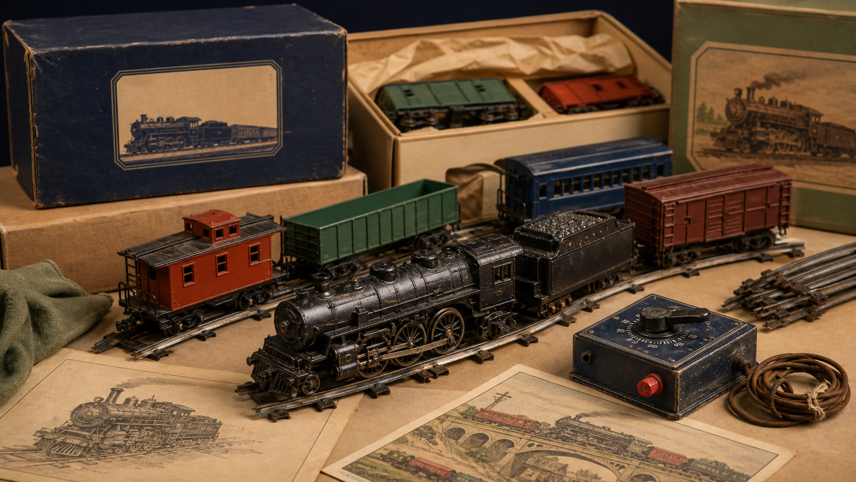Generated editorial image of O-gauge model train pieces on an appraisal table