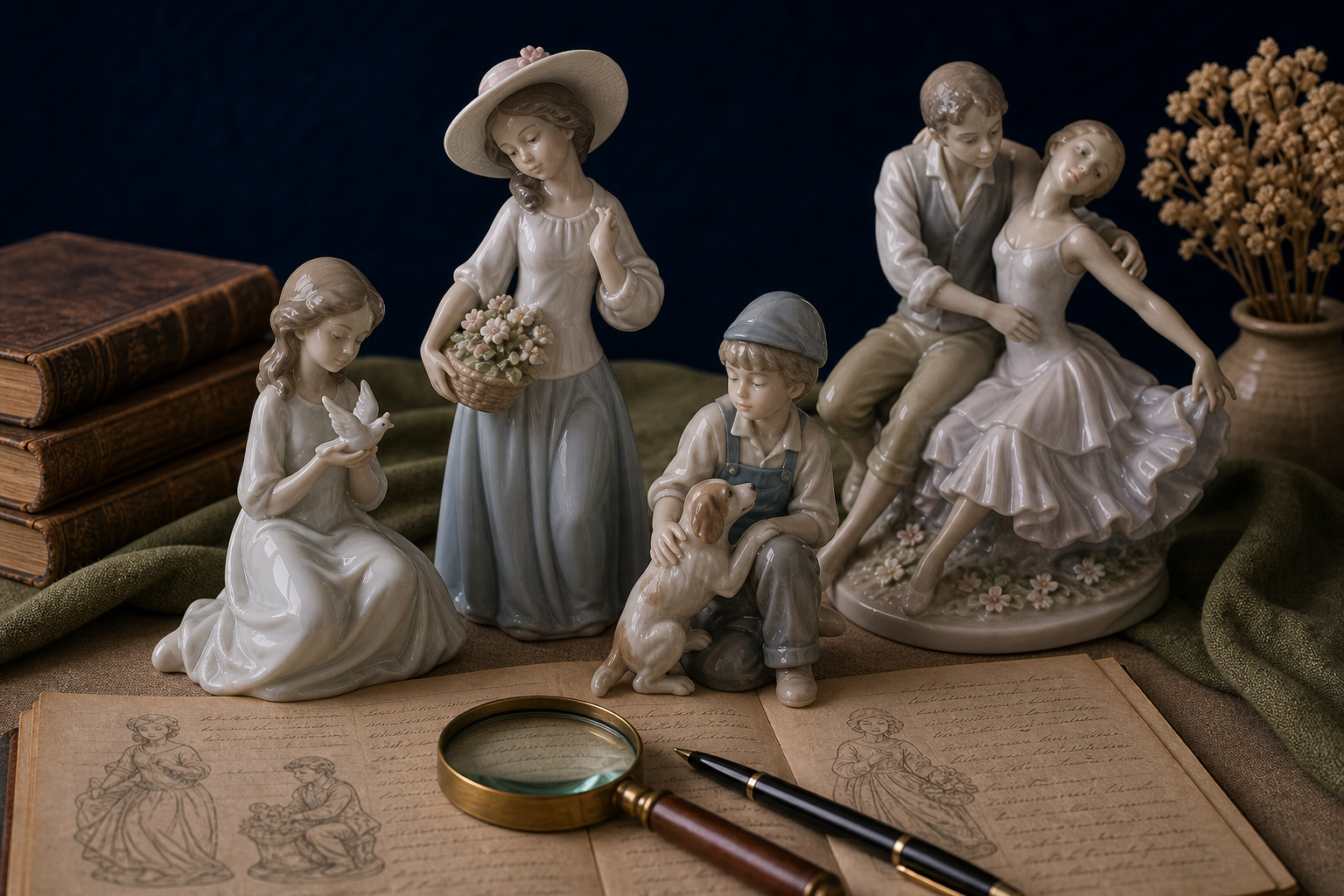 Generated editorial image of Lladro-style porcelain figurines on an appraisal table