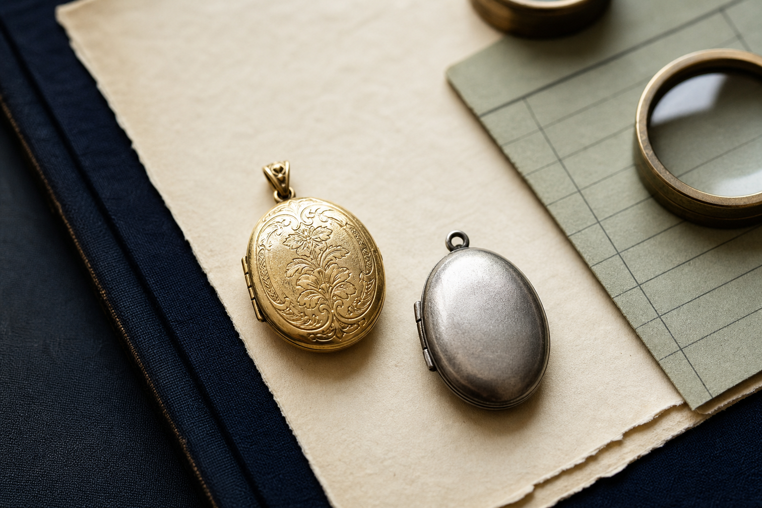 Generated editorial image of antique gold and silver lockets on archival paper