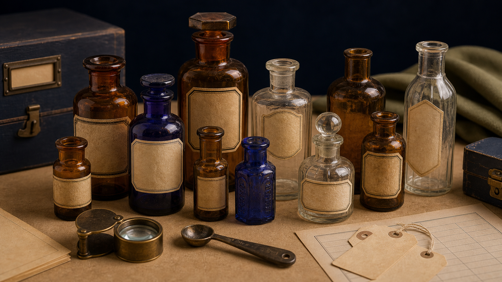 Generated editorial image of antique medicine bottles on an appraisal table