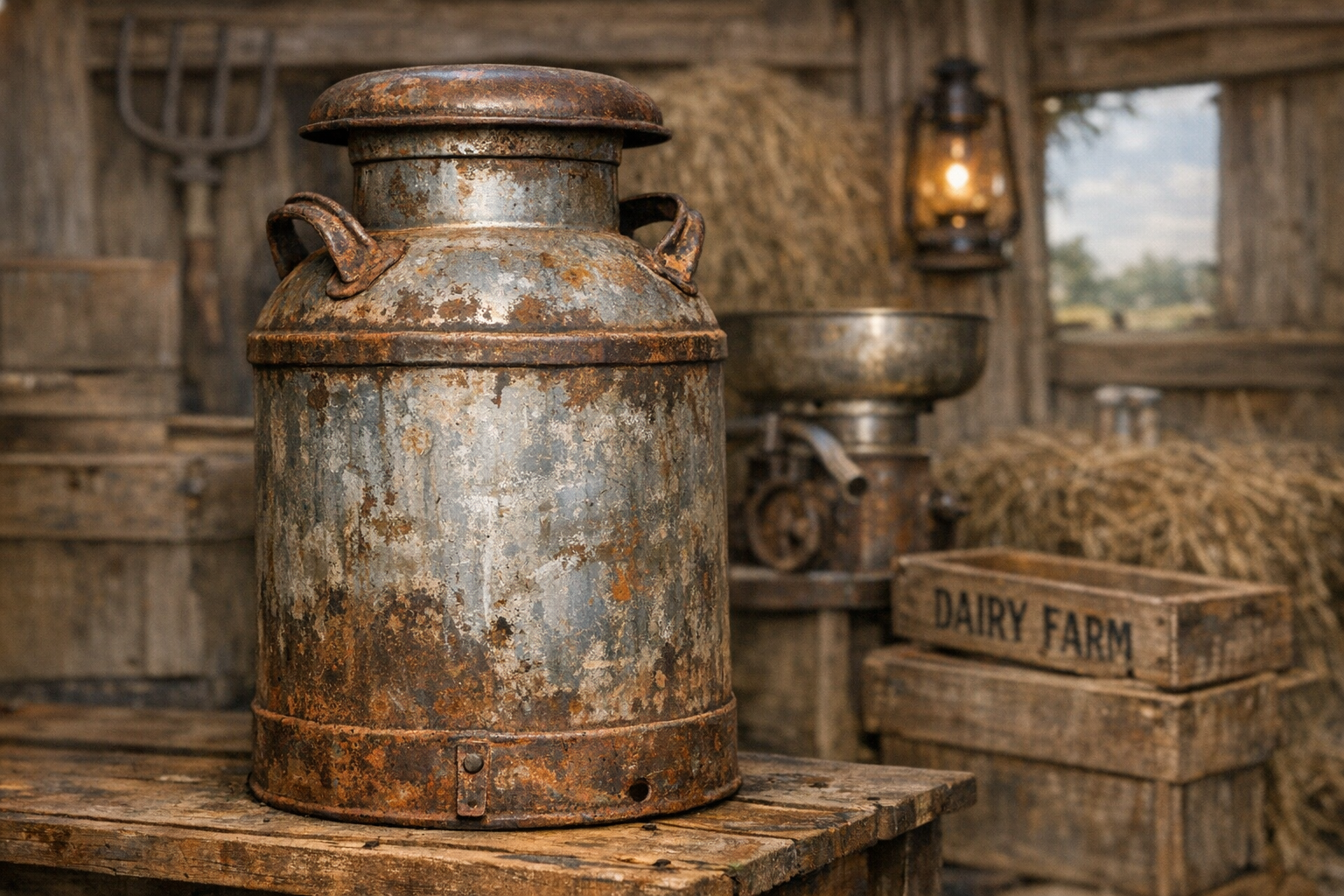 Old metal milk cans value reference with dairy marks, size, lid, handles, surface, paint, dents, repairs, photos, and condition