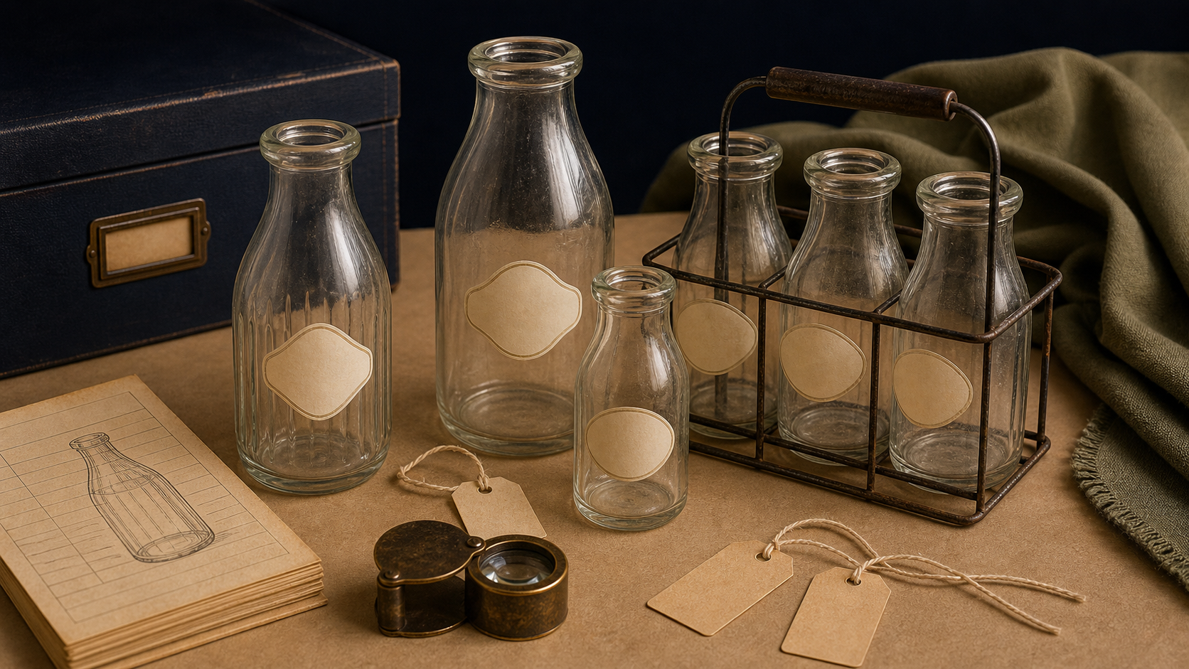 Generated editorial image of vintage milk bottles on an appraisal table