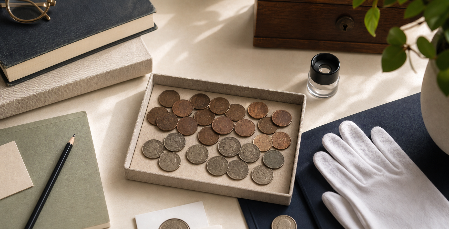 Generated editorial image of old pennies and nickels on an appraisal desk