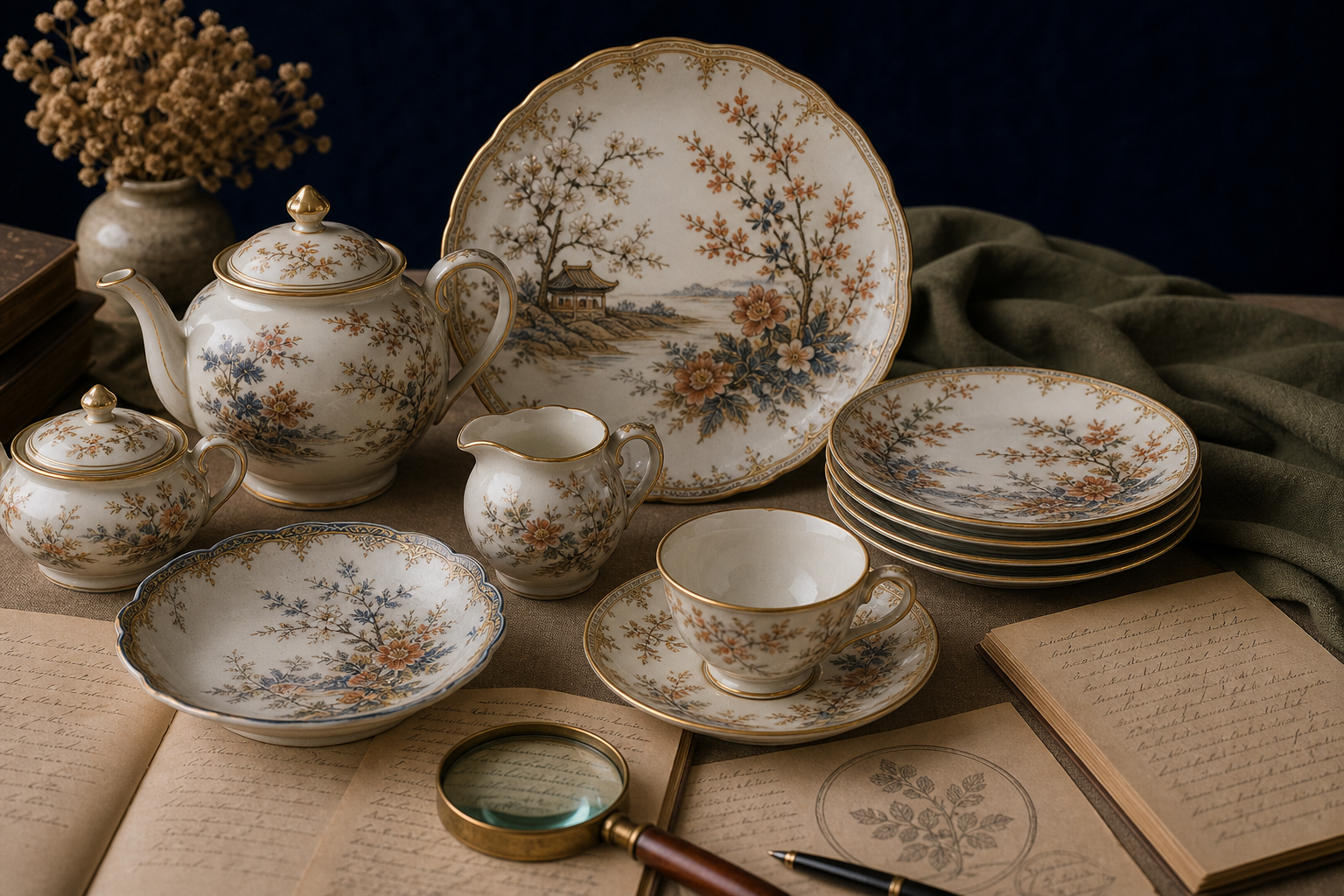 Generated editorial image of Japanese-style china tea service on an appraisal table