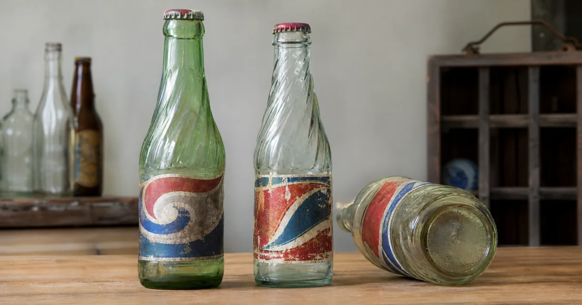 Vintage Pepsi-Cola glass bottles in different shapes and colors arranged for comparison Vintage Pepsi-Cola glass bottles in different shapes and colors arranged for comparison