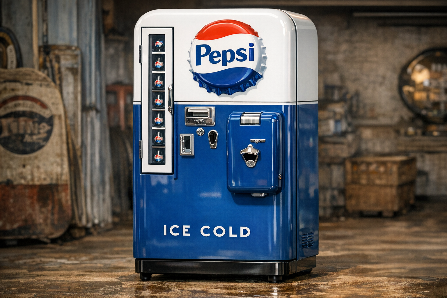 Old Pepsi machine value reference with model, vending style, cooling system, coin mechanism, paint, decals, photos, and condition