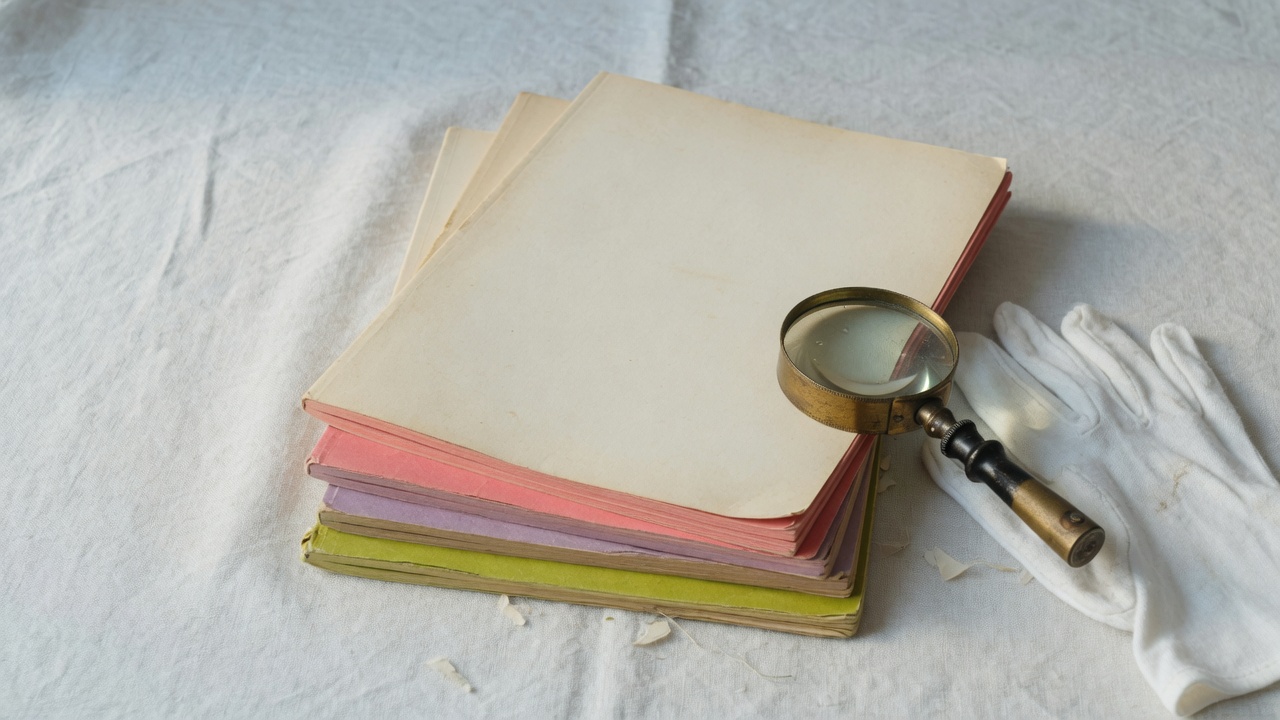 Stack of vintage magazines beside a loupe and cotton glove