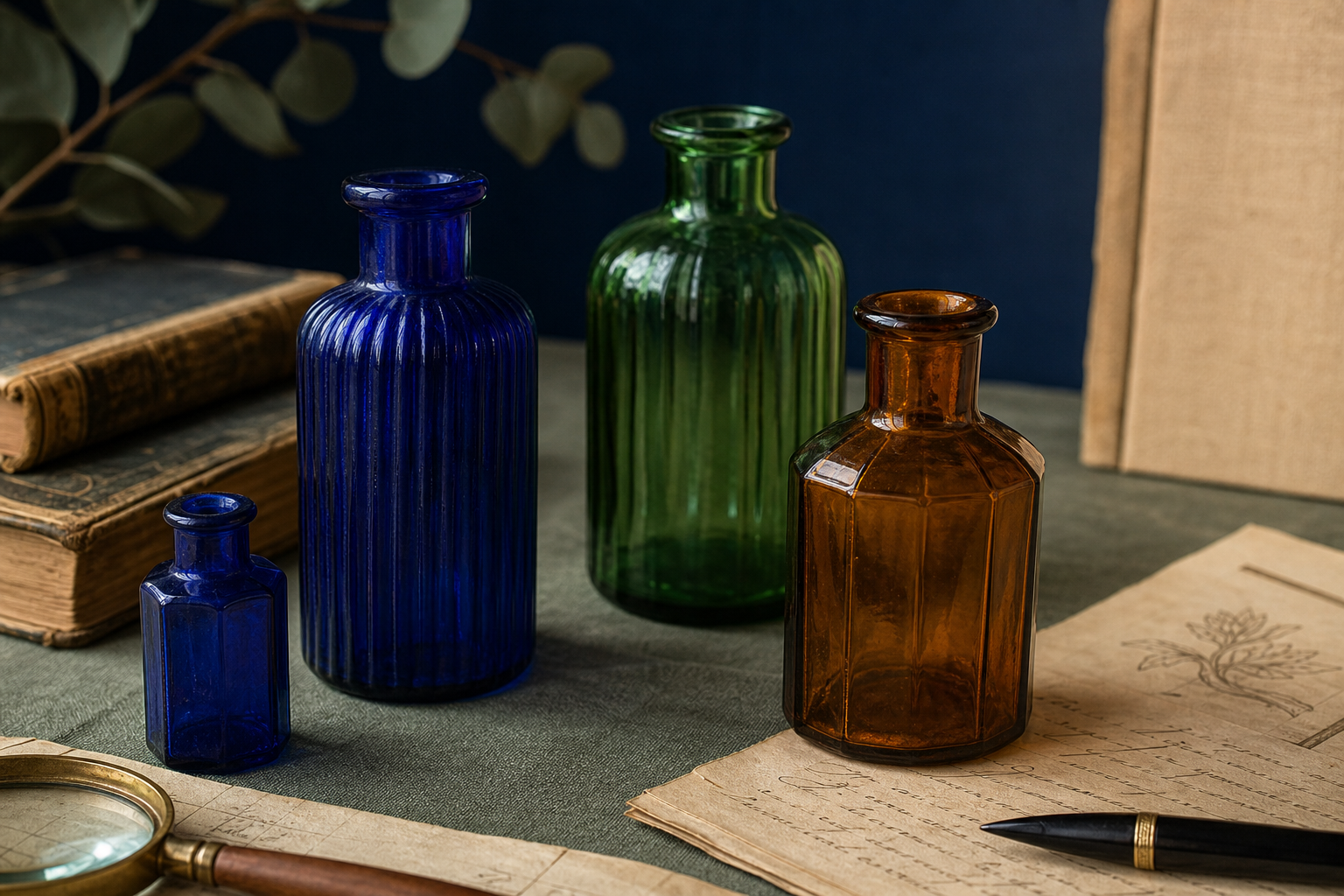 Generated editorial image of old ribbed poison-style bottles on an appraisal table
