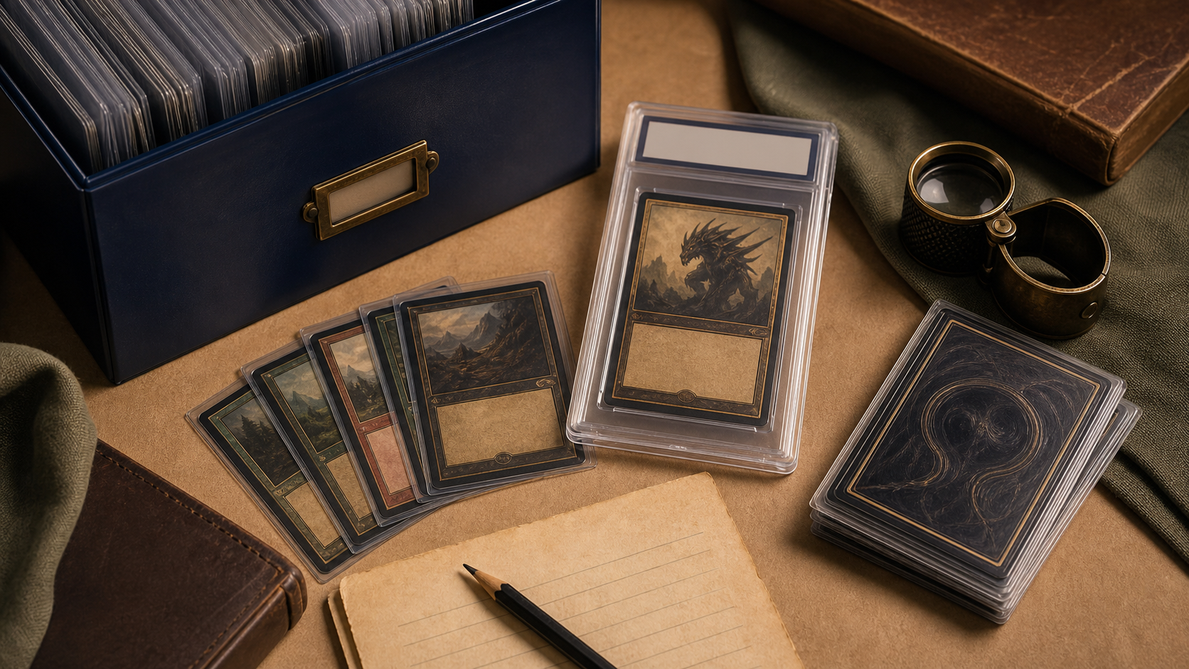 Generated editorial image of trading cards in sleeves on an appraisal table