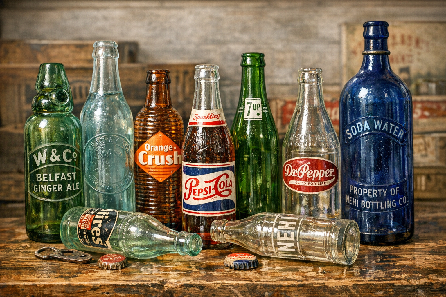 Old pop bottles value reference with brand, embossing, ACL label, base marks, shape, color, cap, photos, and condition