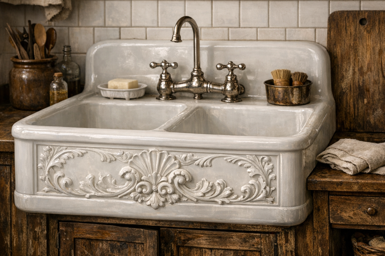 Antique porcelain sink value reference with maker, size, mounting style, glaze, hardware, chips, crazing, photos, and condition