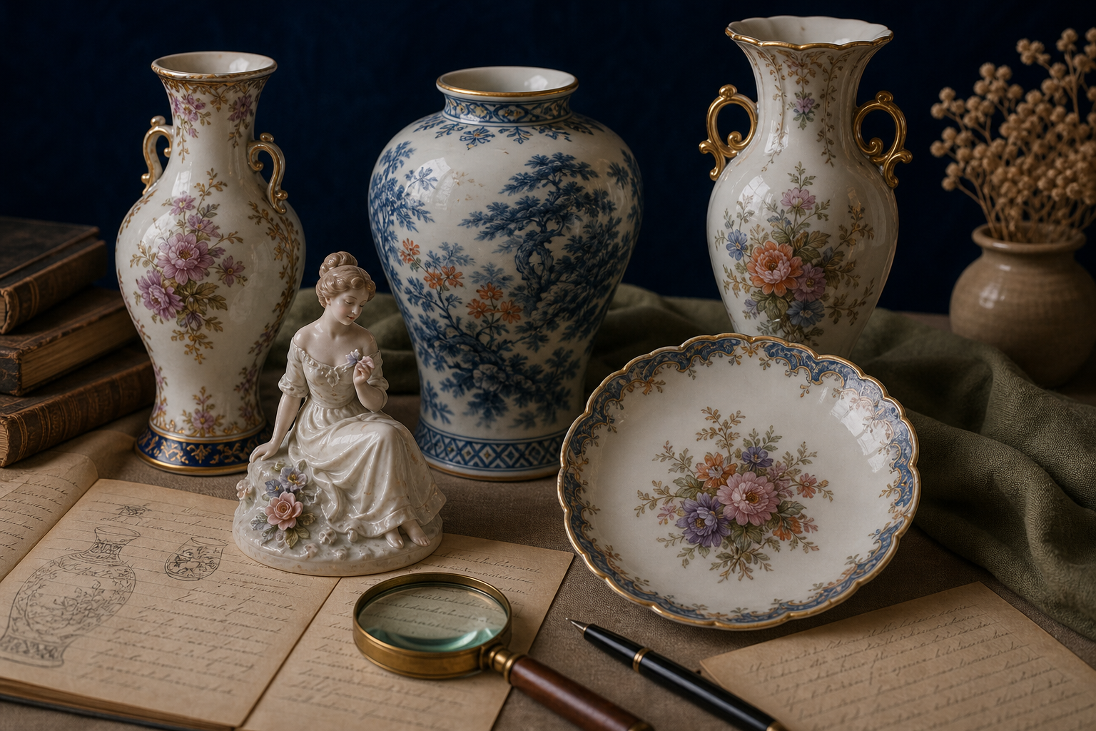 Generated editorial image of old porcelain pieces on an appraisal table
