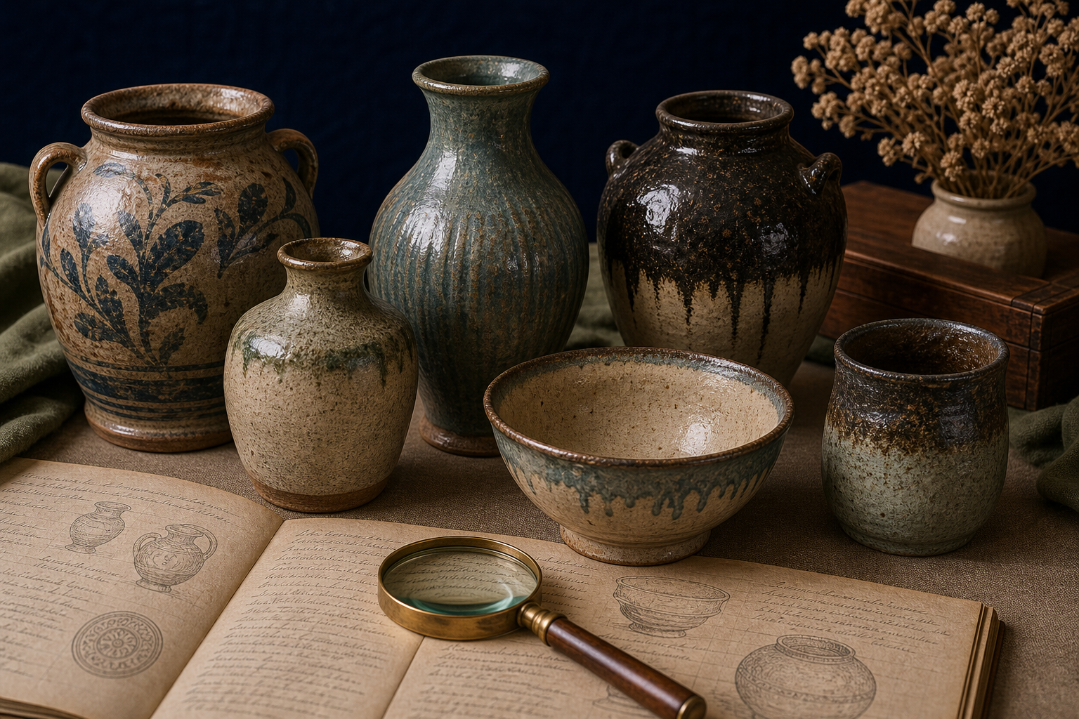 Generated editorial image of old pottery on an appraisal table