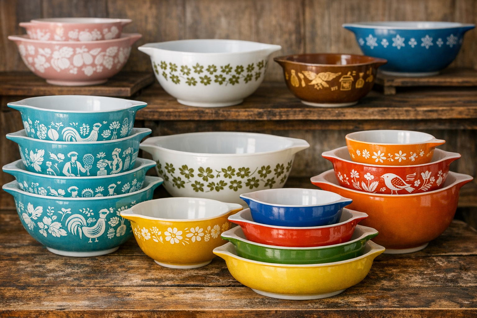 Vintage Pyrex bowls value reference with pattern, color, set completeness, marks, lids, wear, photos, and condition