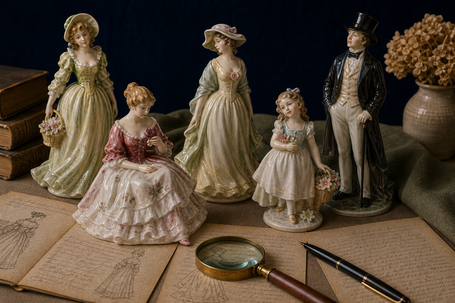 Generated editorial image of Royal Doulton-style figurines on an appraisal table
