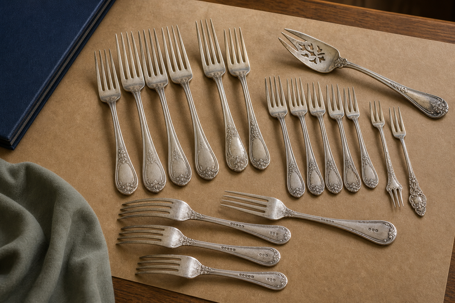 Generated editorial image of old silver forks arranged for appraisal