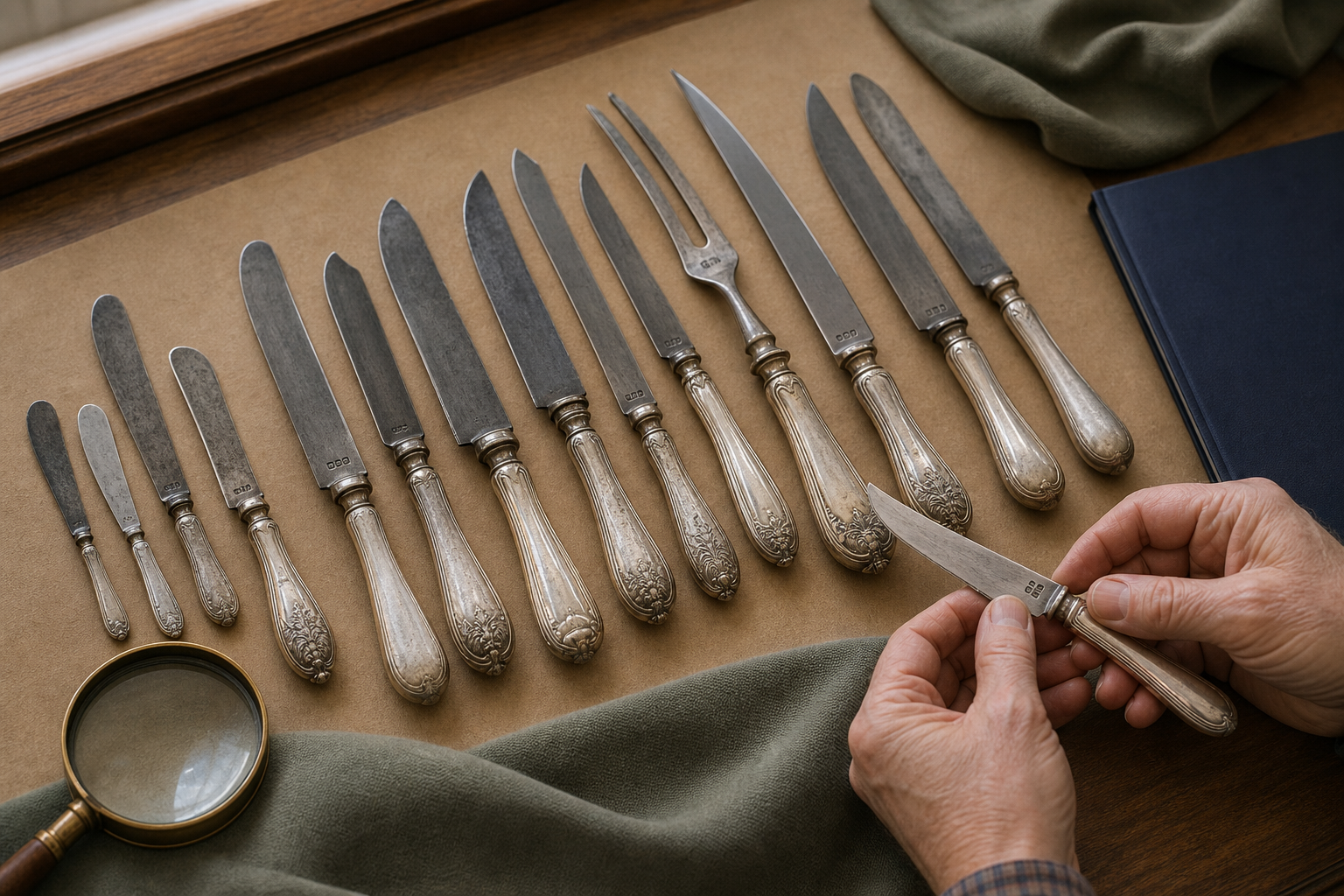 Generated editorial image of old silver knives arranged for inspection