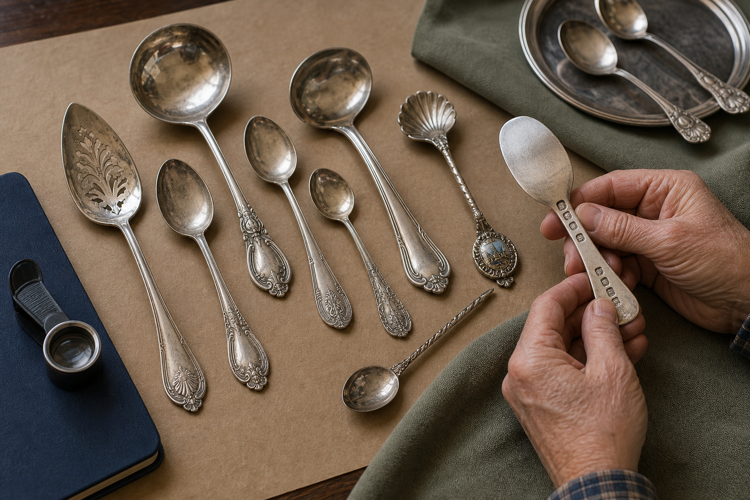 Generated editorial image of old silver spoons arranged for inspection