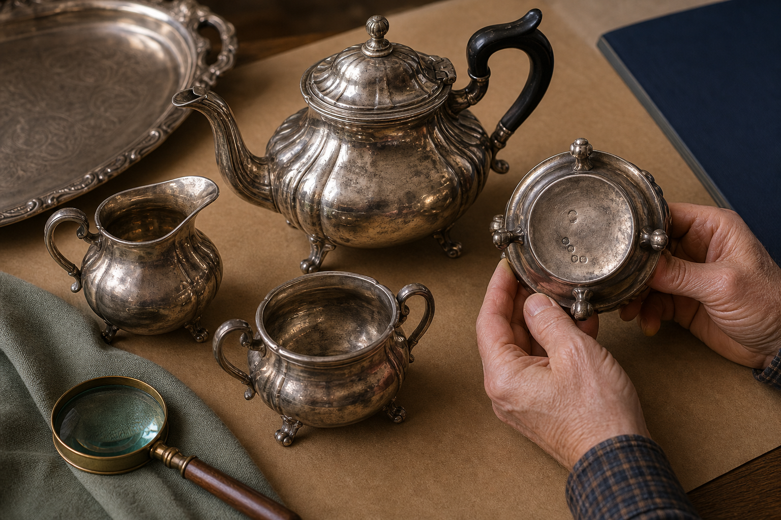 Generated editorial image of old silver tea set arranged for appraisal