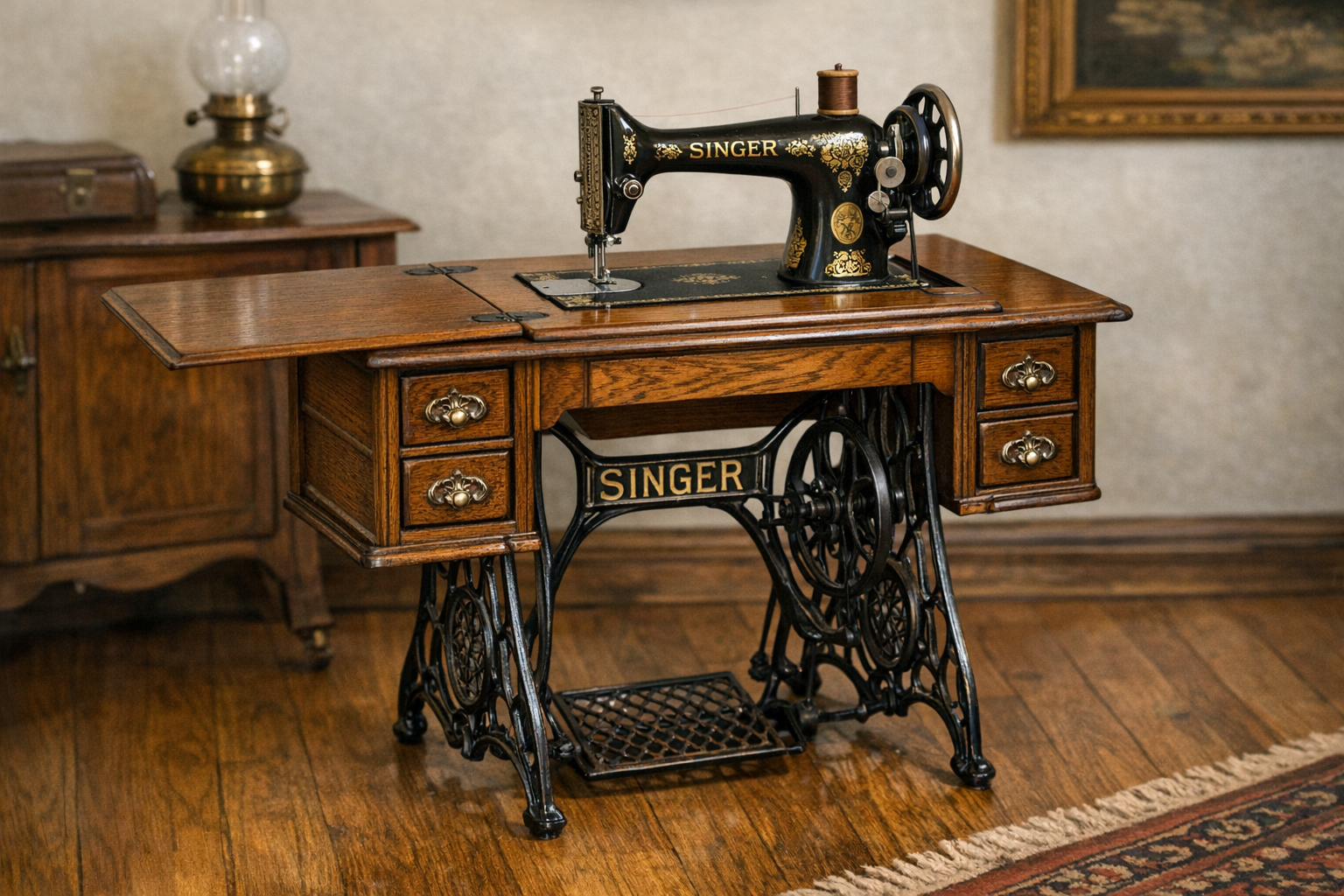Singer sewing machine cabinet value reference with model, serial number, cabinet type, decals, treadle, wood, photos, and condition