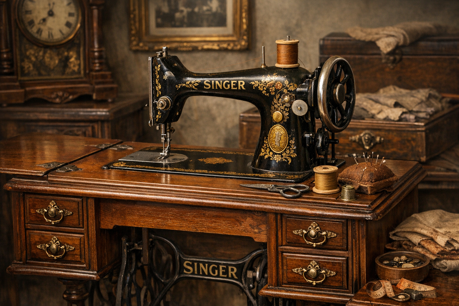 Old Singer sewing machine value reference with model, serial number, decals, case, cabinet, attachments, photos, and condition