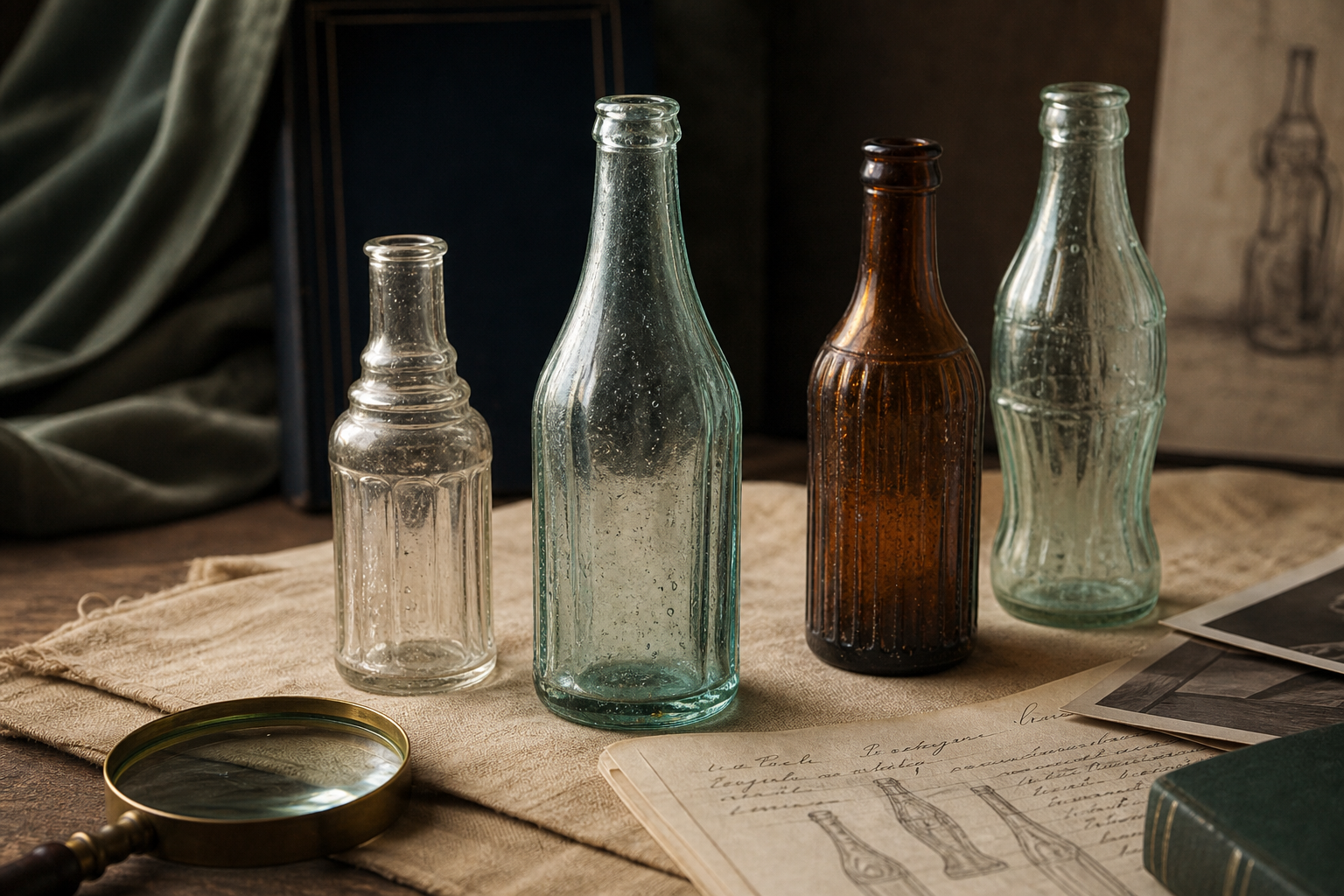 Generated editorial image of old soda bottles on an appraisal table
