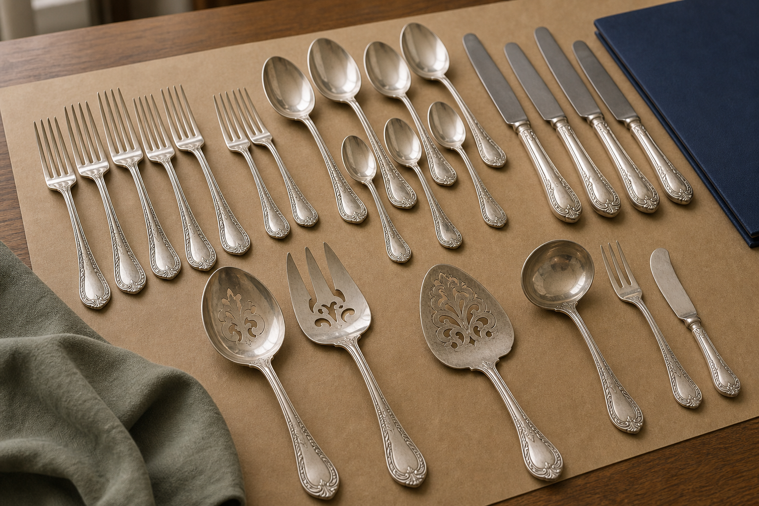 Generated editorial image of sterling silver flatware arranged by type