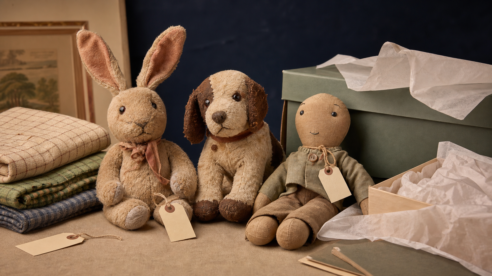 Generated editorial image of vintage stuffed animals on an appraisal table