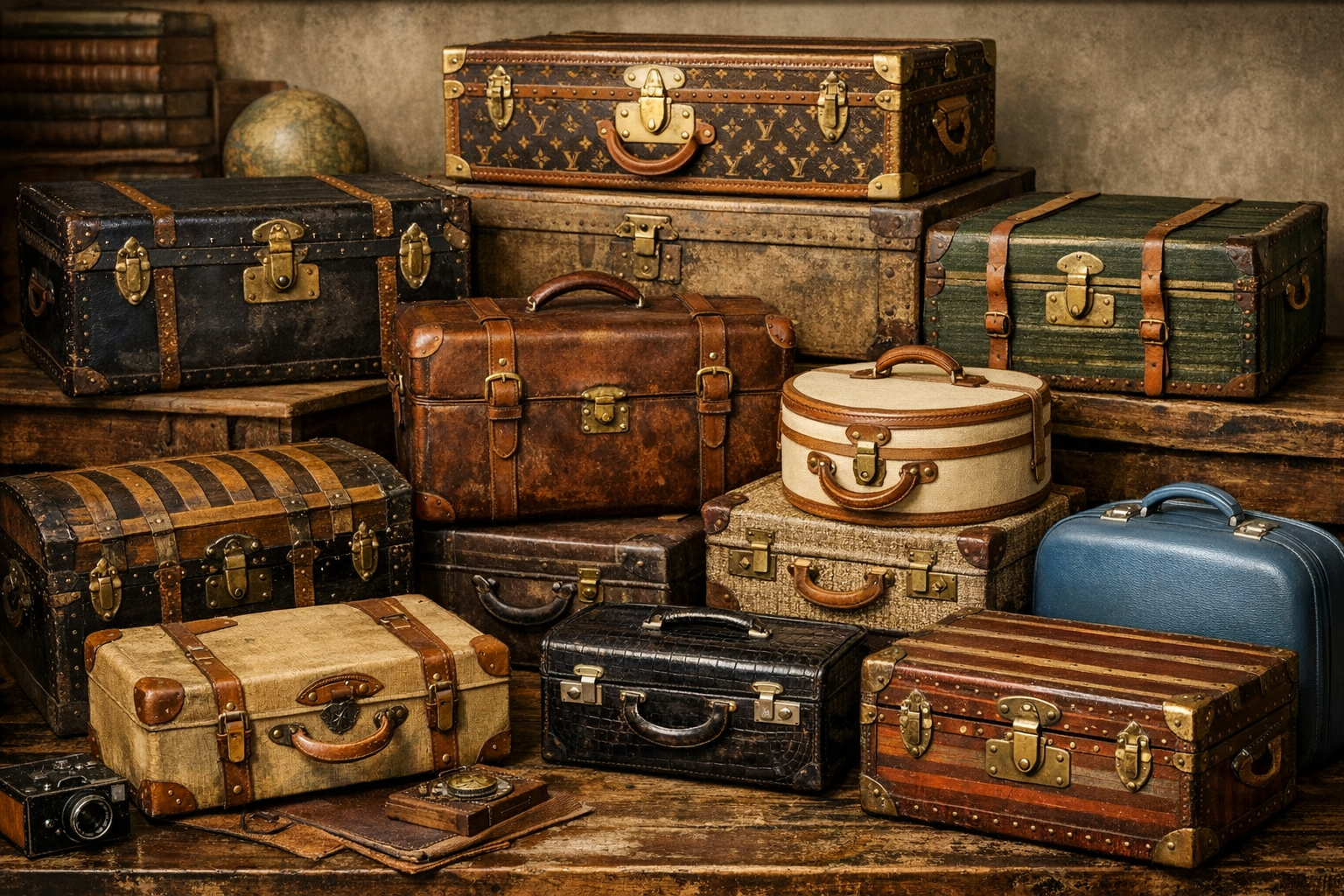 Vintage suitcase value reference with maker labels, hardware, lining, leather, monograms, photos, and condition