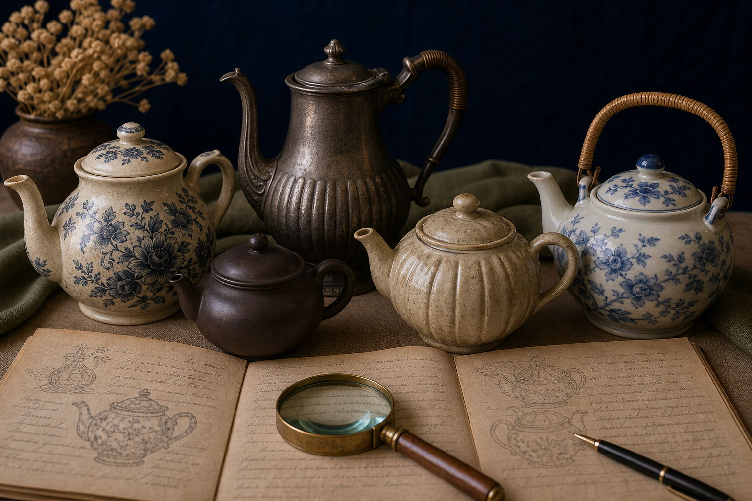 Generated editorial image of old teapots on an appraisal table