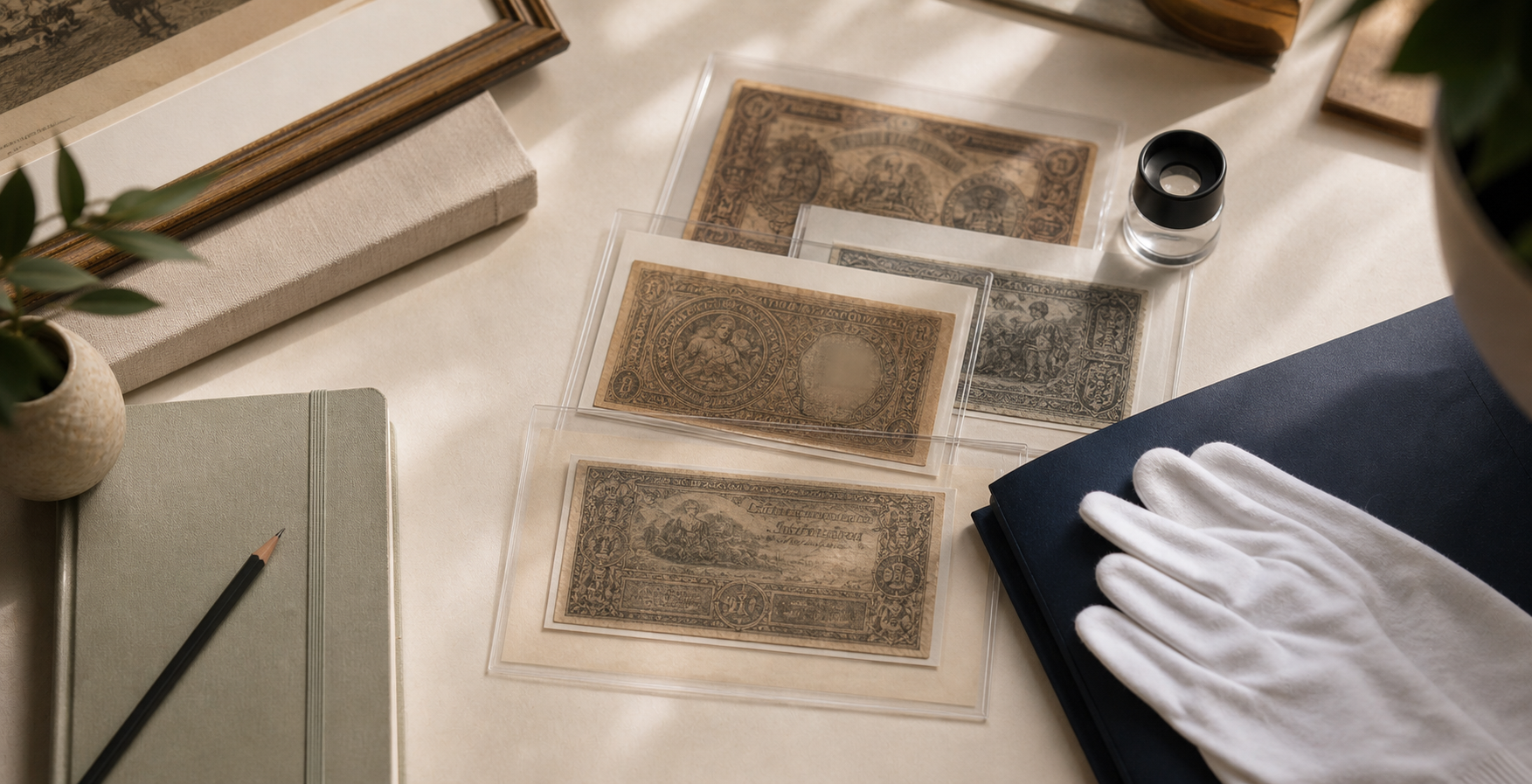 Generated editorial image of historical banknotes on archival paper