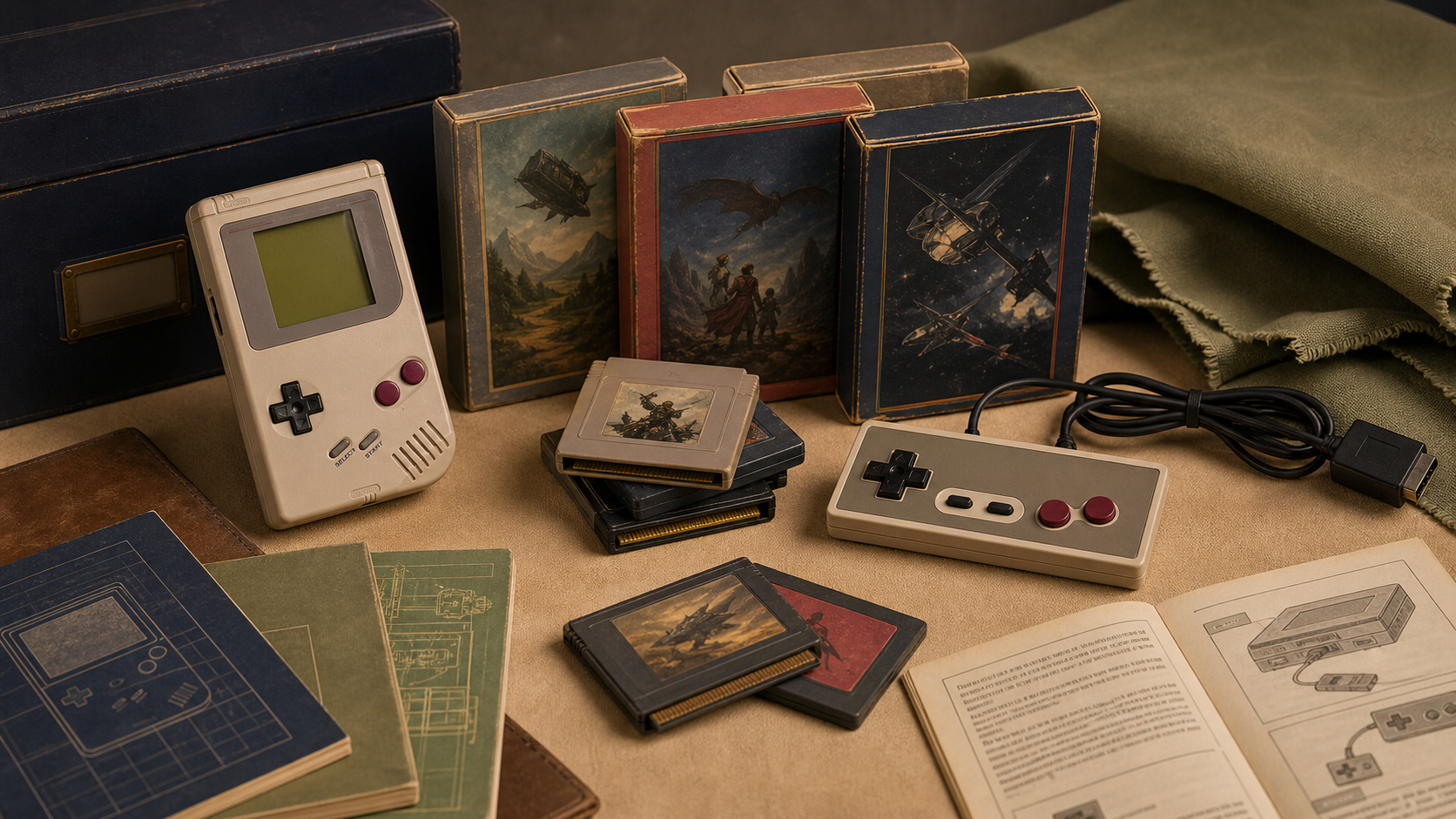 Generated editorial image of vintage video game items on an appraisal table