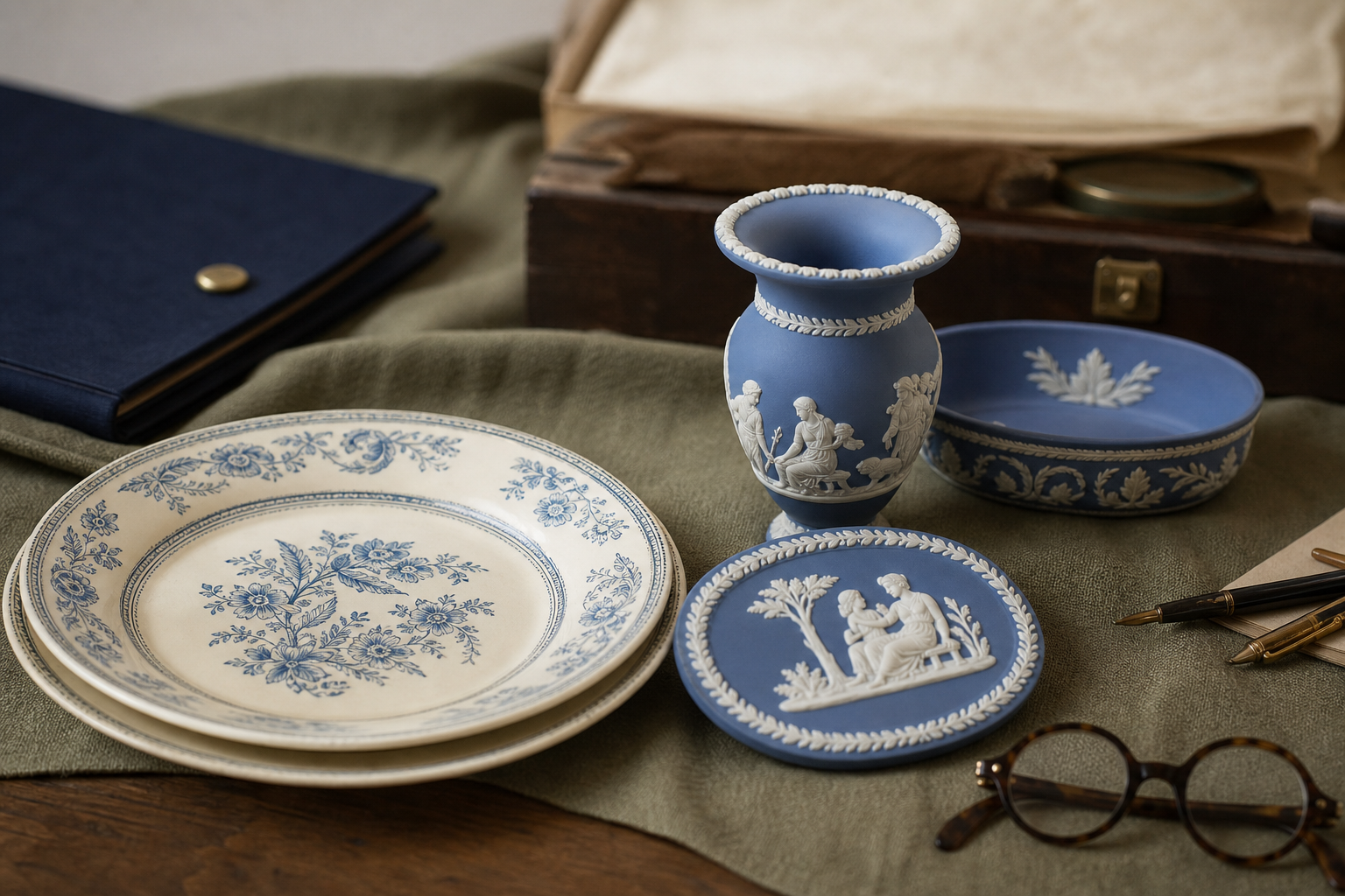 Generated editorial image of Wedgwood-style pieces on an appraisal table
