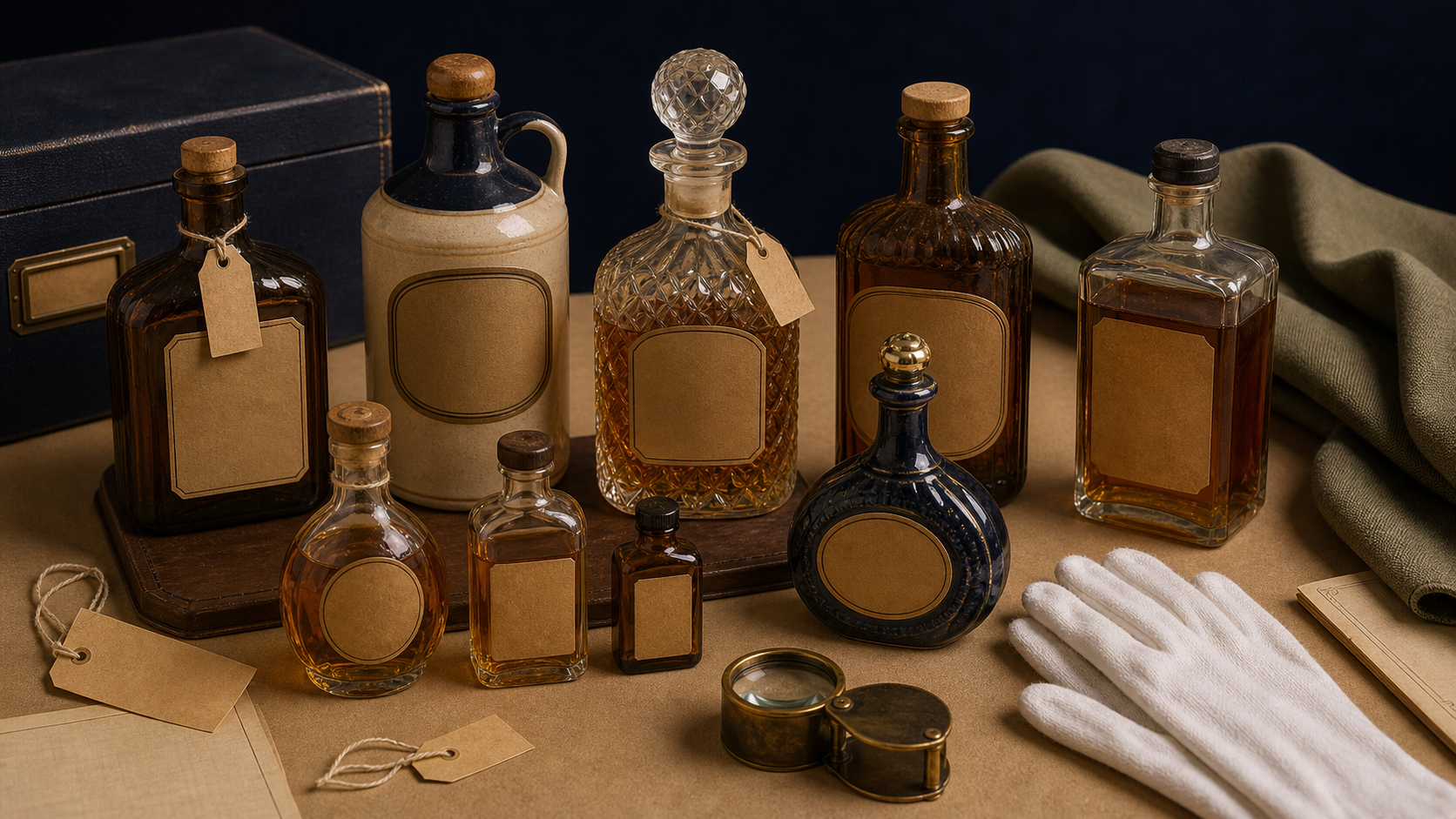 Generated editorial image of vintage whiskey and liquor bottles on an appraisal table